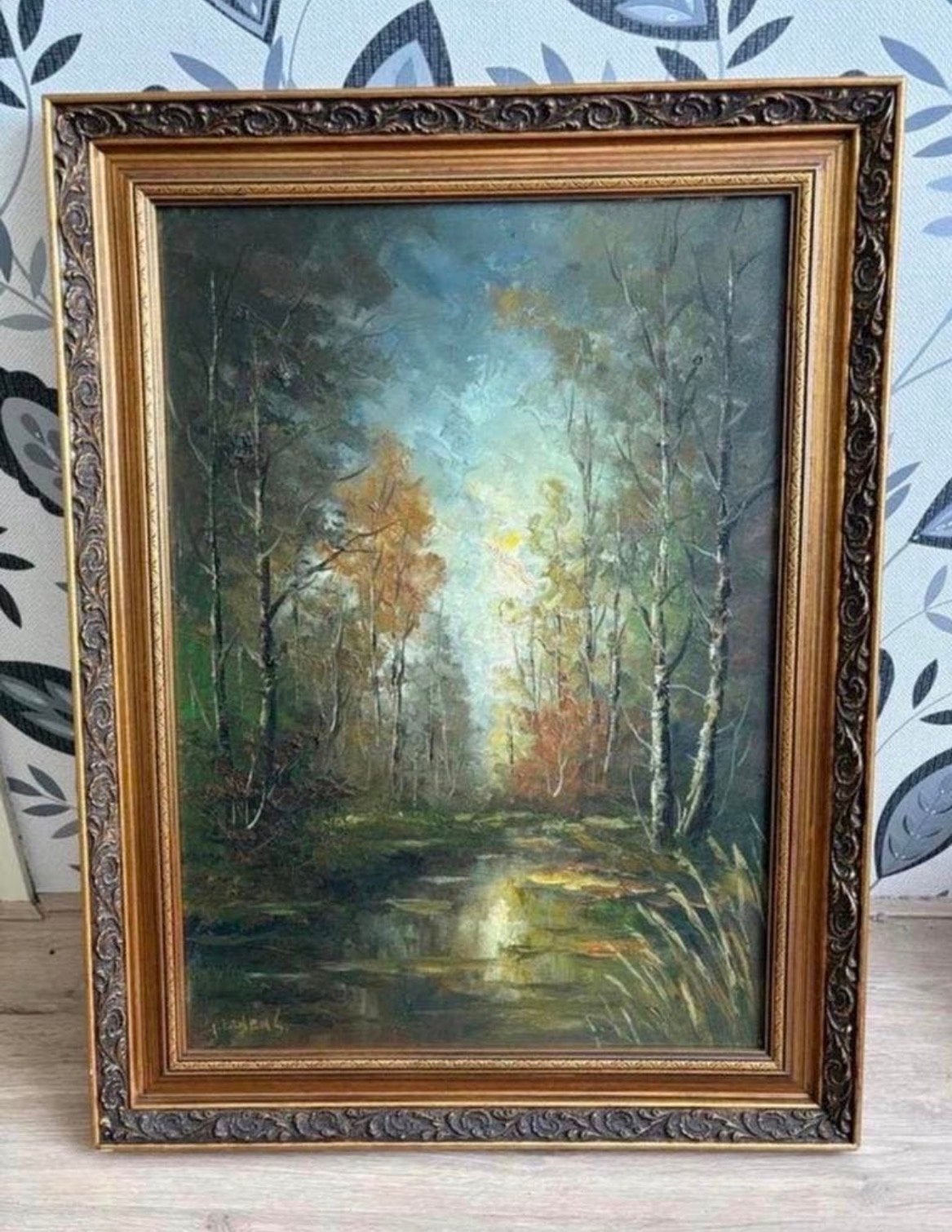 Schilderij G. Ernens - Sfeervol boslandschap met waterpartij, Antiek en Kunst, Ophalen, Doek, Realistisch, Bijzondere lijst