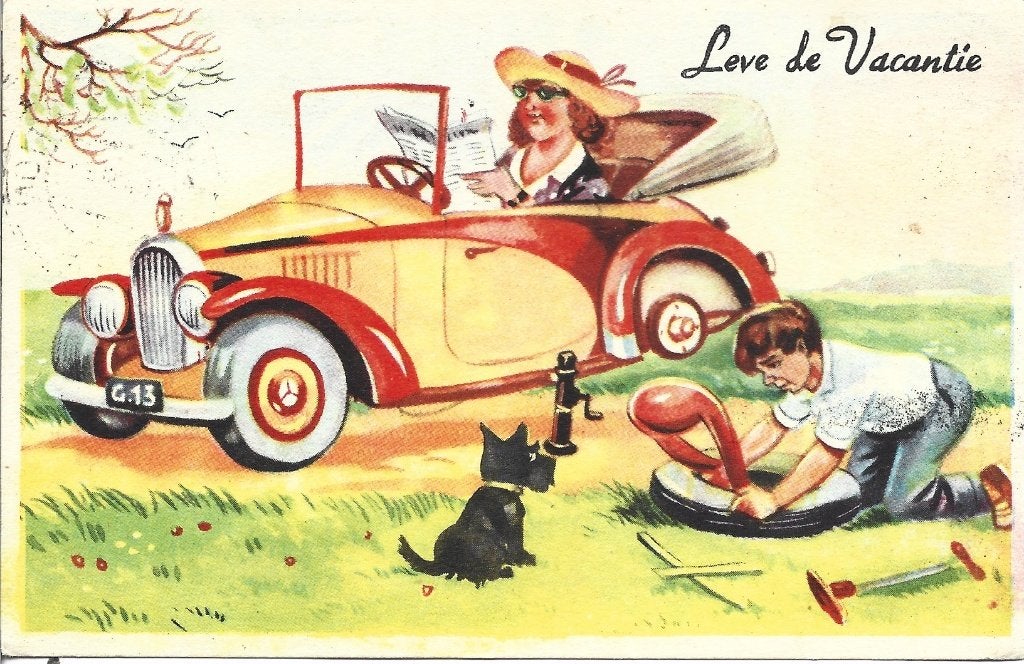 Leve de Vacantie-Oldtimer-Pech onderweg, Verzamelen, Ansichtkaarten | Themakaarten, Ophalen of Verzenden, 1940 tot 1960, Gelopen