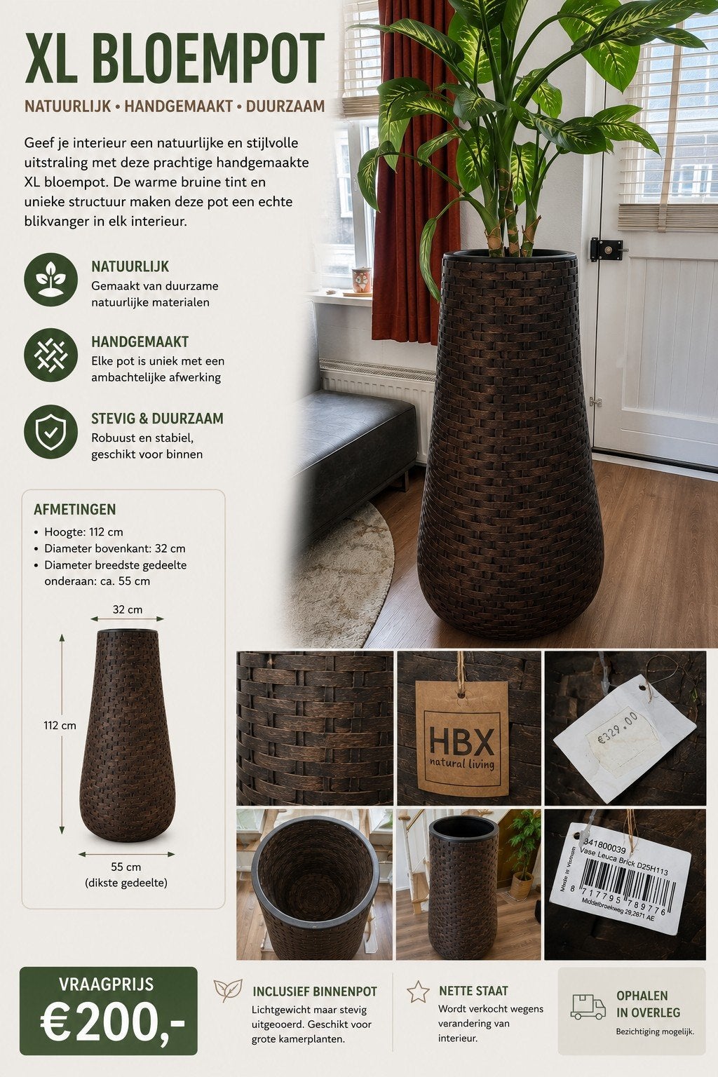 Grote Decoratieve Bloempot / Plantenzuil – 113 cm hoog, Tuin en Terras, Ophalen, Overige materialen, 40 cm of meer, Binnen