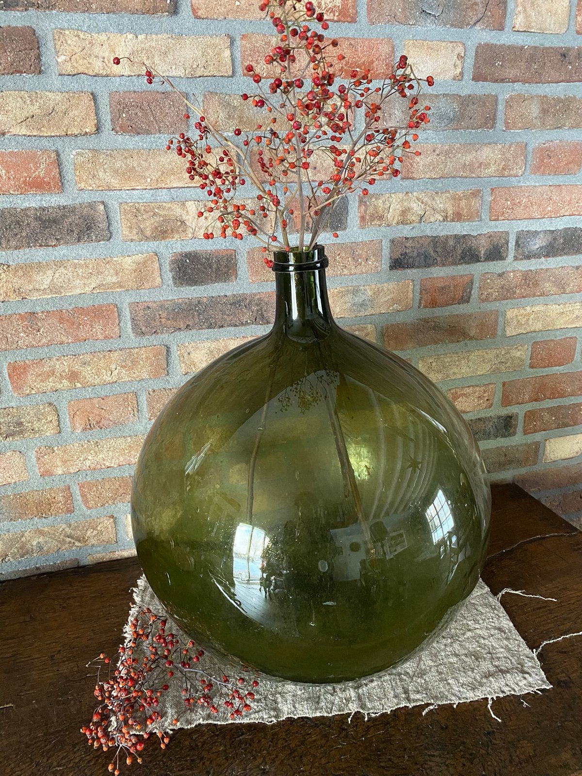 Brocante oude gistfles, groen glas, Ophalen