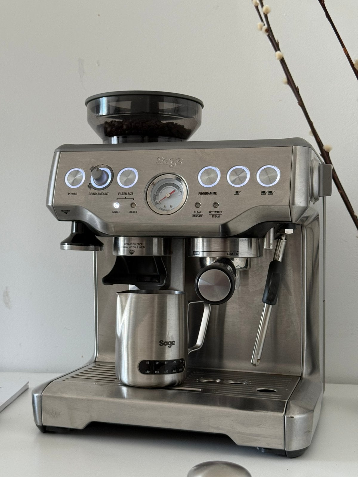 RVS Sage Barista Express koffiemachine, Gebruikt, Espresso apparaat, 2 tot 4 kopjes, Afneembaar waterreservoir