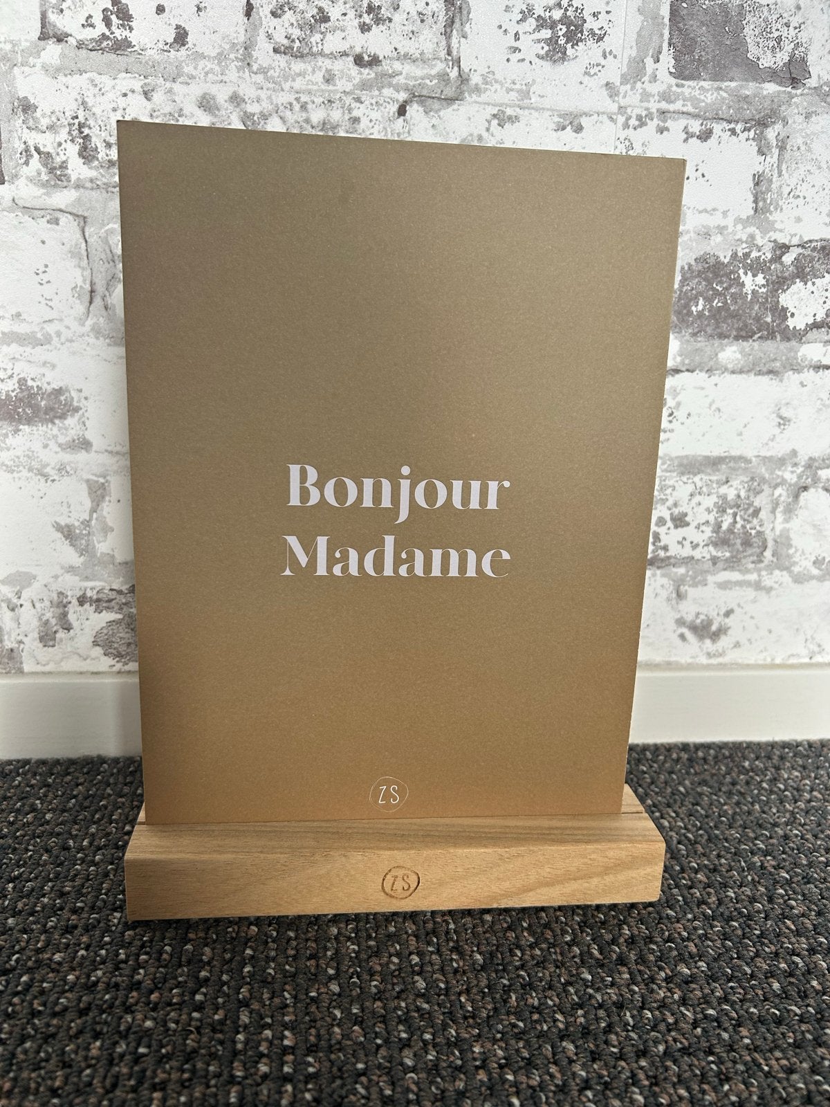 Houten standaard met 'Bonjour Madame' kaart, Hout, Gebruikt, Ophalen of Verzenden, Modern