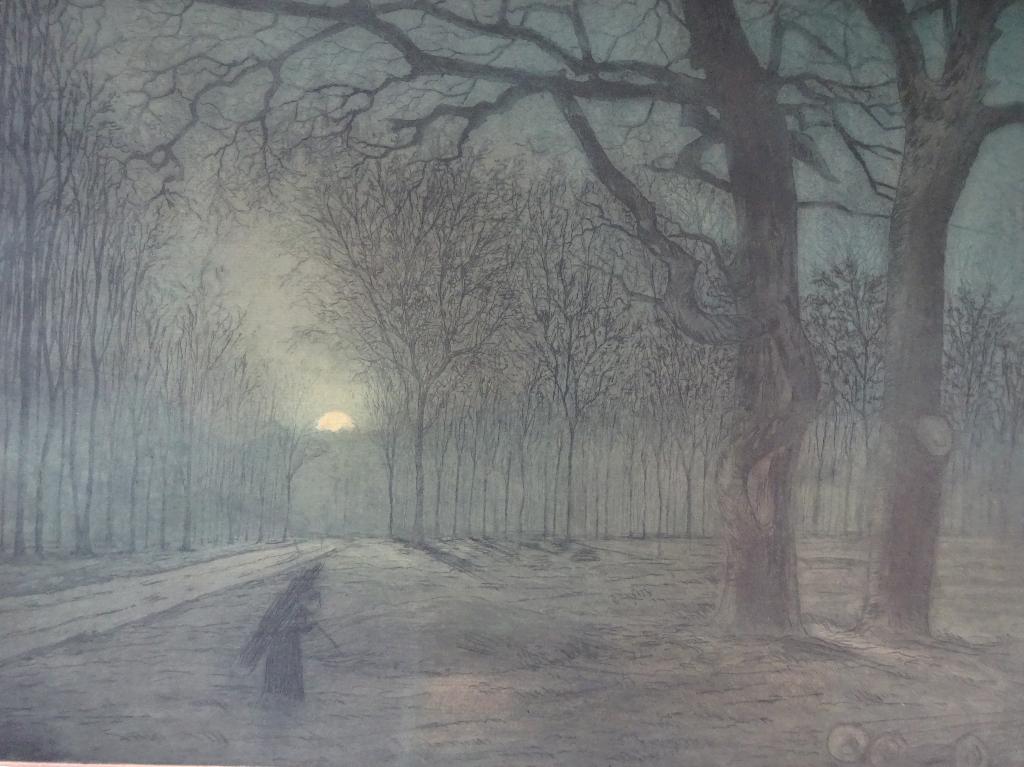 Neville: wintelandschap bij avond + sprokkelvrouwtje, Ophalen, Ingelijst, Landschap, 45 cm