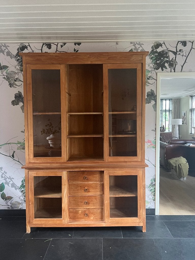 Teak houten buffetkast met glazen deuren, Ophalen, Gebruikt, Met deur(en), 200 cm of meer