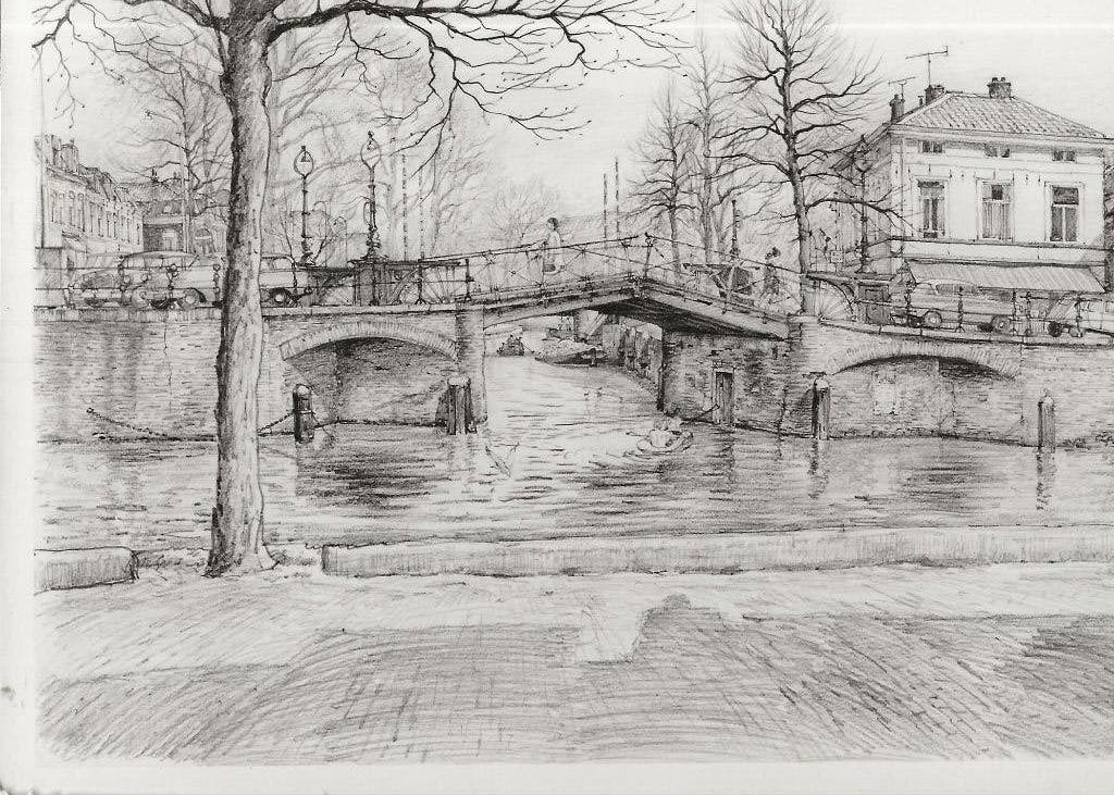 Utrecht Pentekening Brug met Kade en roeiboot Foto 23-13 cm, Ophalen of Verzenden, Voor 1920, Ongelopen, Utrecht