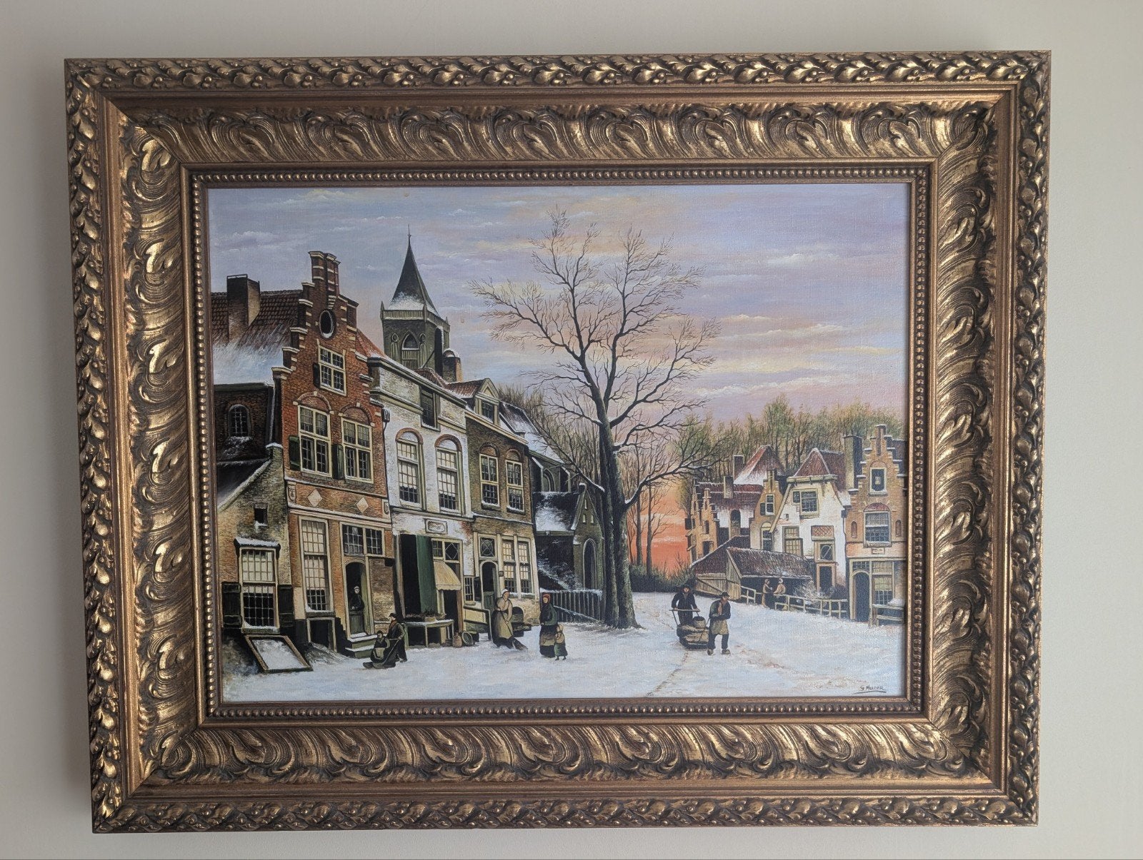 Klassiek Schilderij  - Winter in de stad van vroeger, Ophalen, Doek, Bijzondere lijst, Olieverf