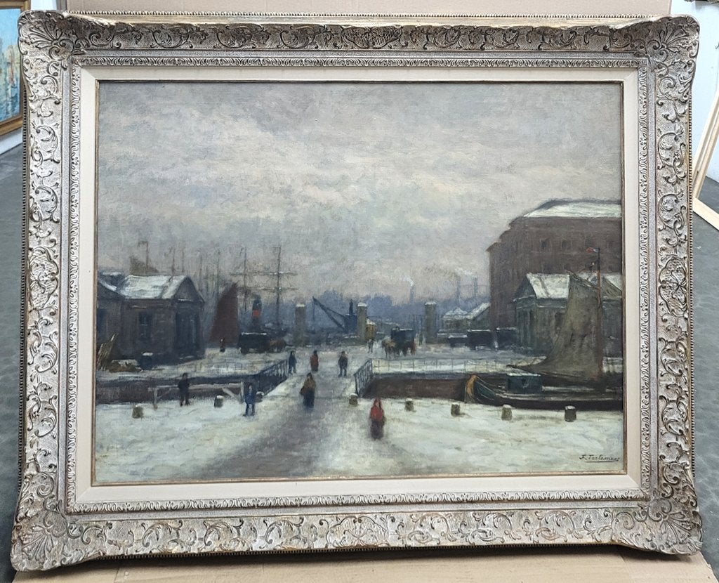 Jean François TAELEMANS, winter aan de kade, Ophalen, Origineel werk, Olieverf, Doek