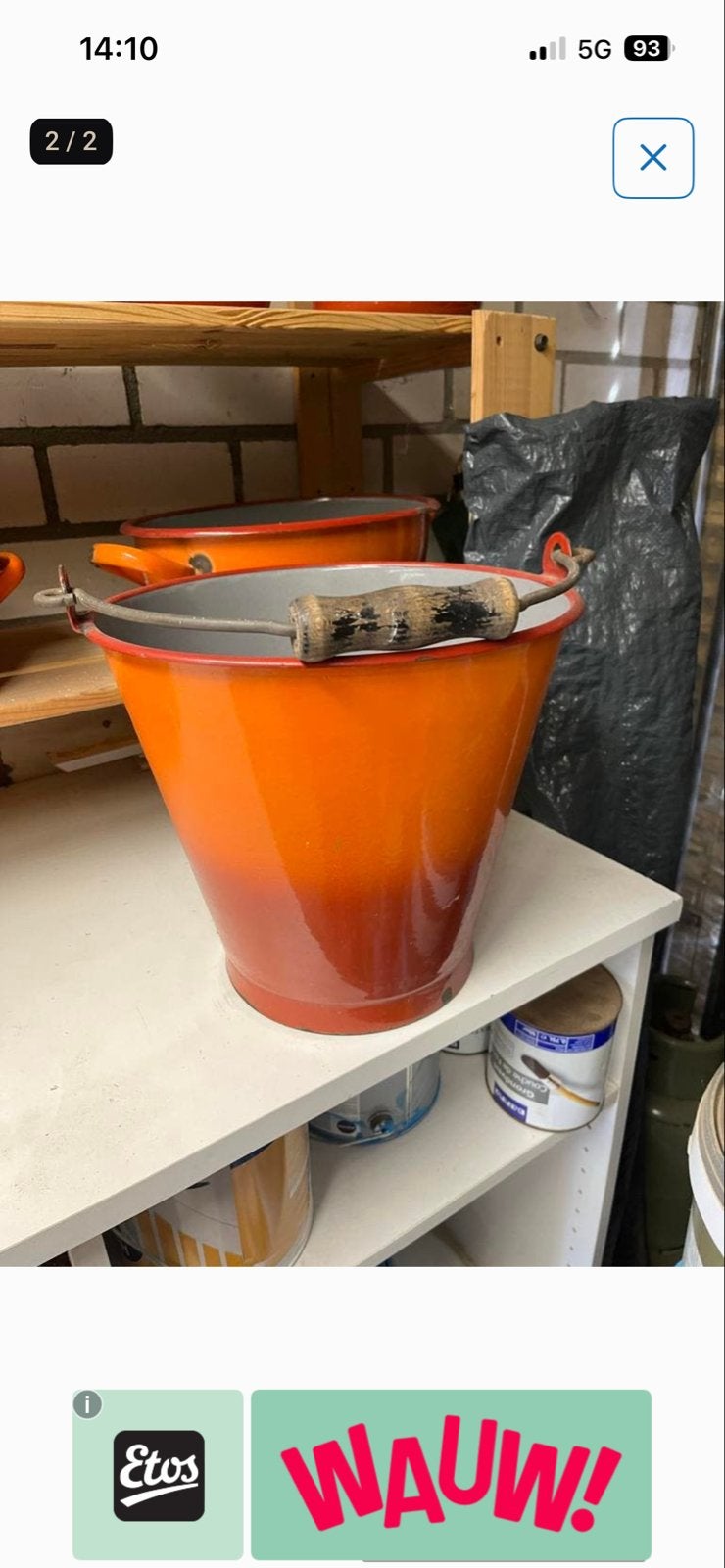 Vintage emaille emmer met rood-oranje kleurverloop, Ophalen of Verzenden