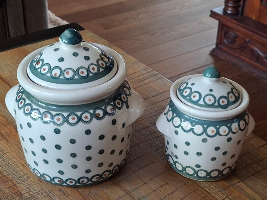 Set van 2 Poolse aardewerk potten: uien- en knoflookpot, Ophalen of Verzenden