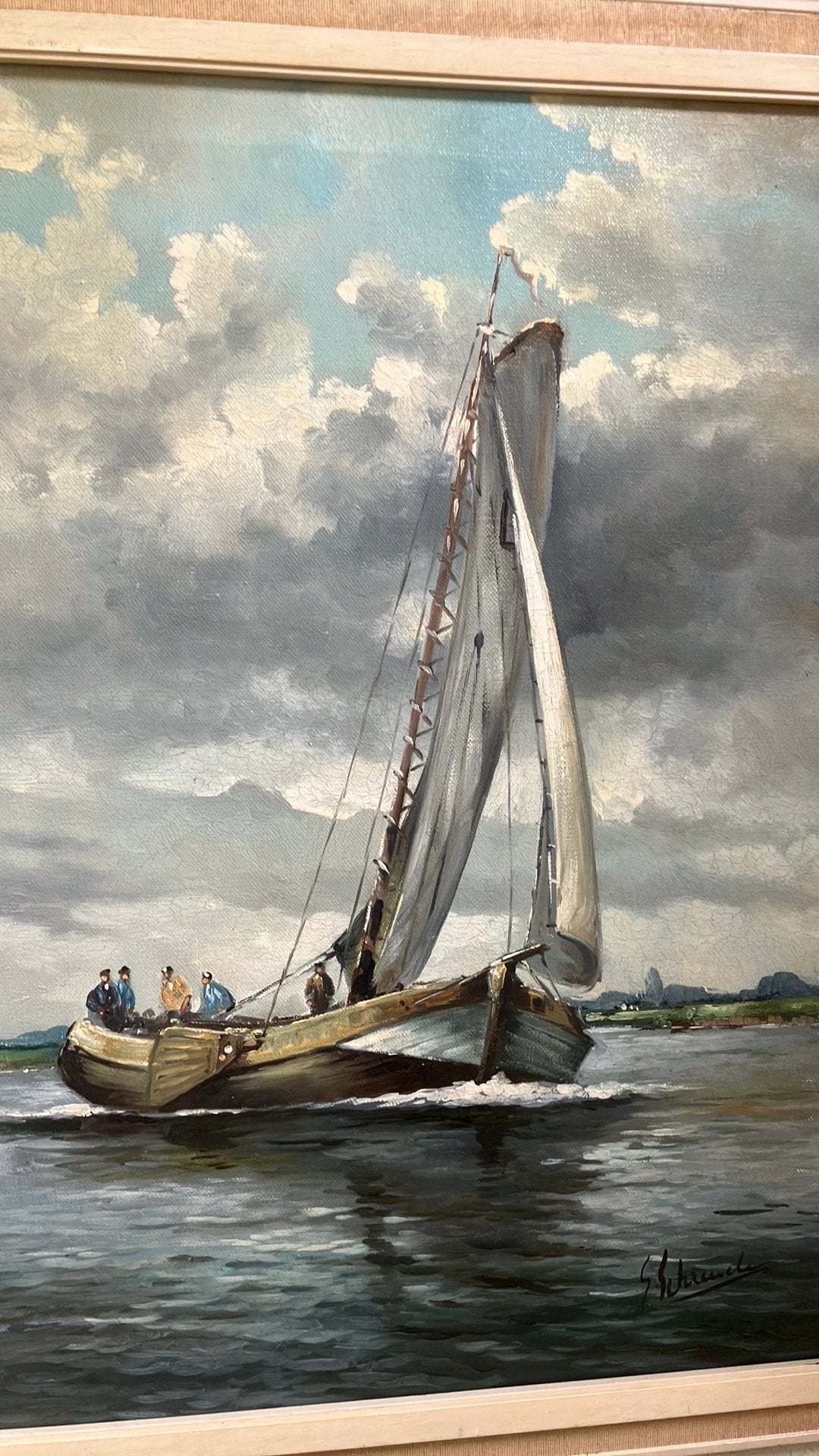 Schilderij Skutsje, Tjalk, Friesland, Grou, SKS, IFKS, Maritiem / water, Doek, Ophalen of Verzenden, Olieverf