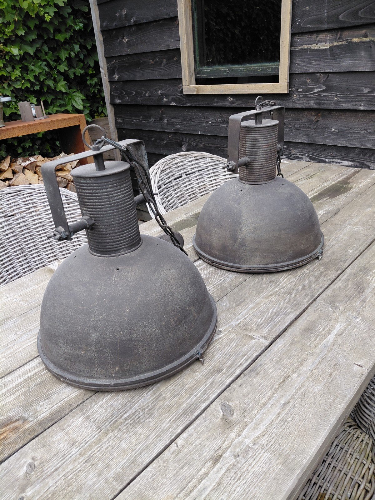 2 Industriële Fabriekslampen - Ø 42 cm E27, Huis en Inrichting, Ophalen, Gebruikt, E27 (groot), Glas