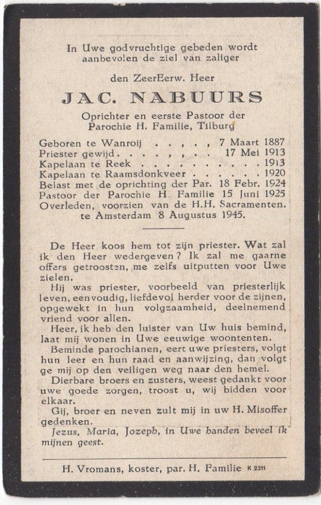 pastoor Jac. Nabuurs 1887 Wanrooij + 1945 Amsterdam, 58 jr, Verzenden