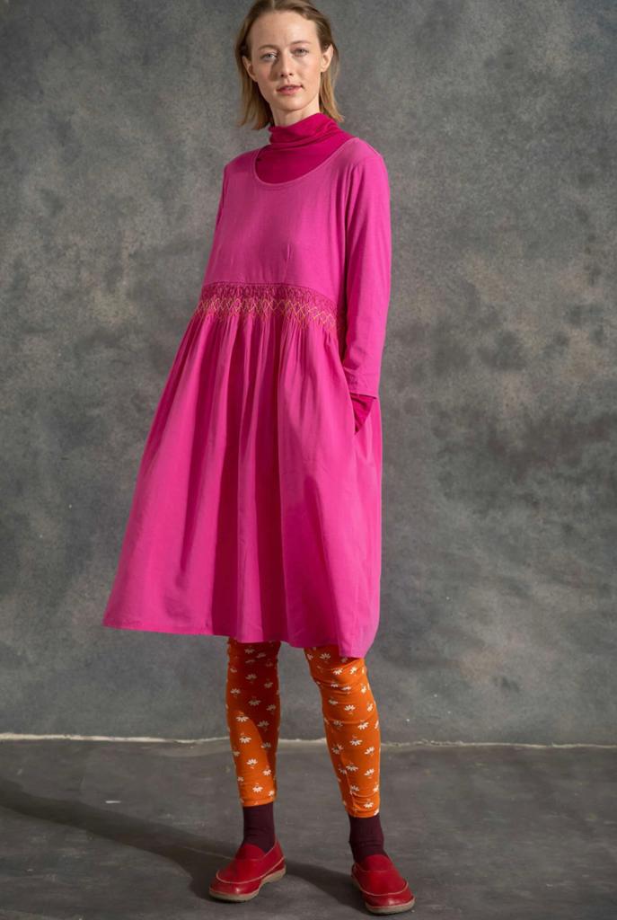 GUDRUN SJODEN Pink Cotton Rose Jurk Dress Midi Boho Folk M, Maat 38/40 (M), Ophalen of Verzenden, Zo goed als nieuw, Knielengte