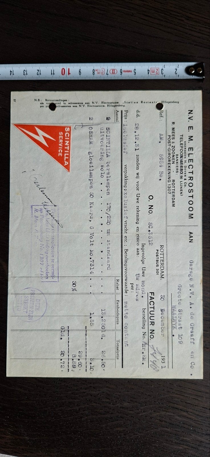 Oude factuur N.V. E.M. Electrostoom 1931 met Scintilla logo, Verzenden