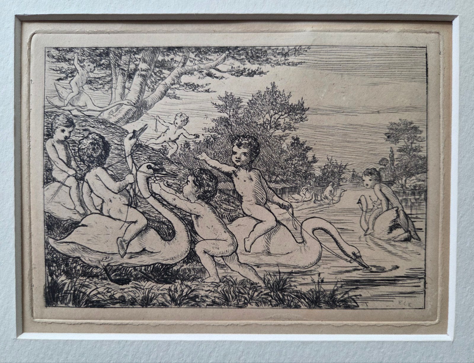 Putti met zwanen. Gravure. Gesigneerd in de plaat., Ophalen