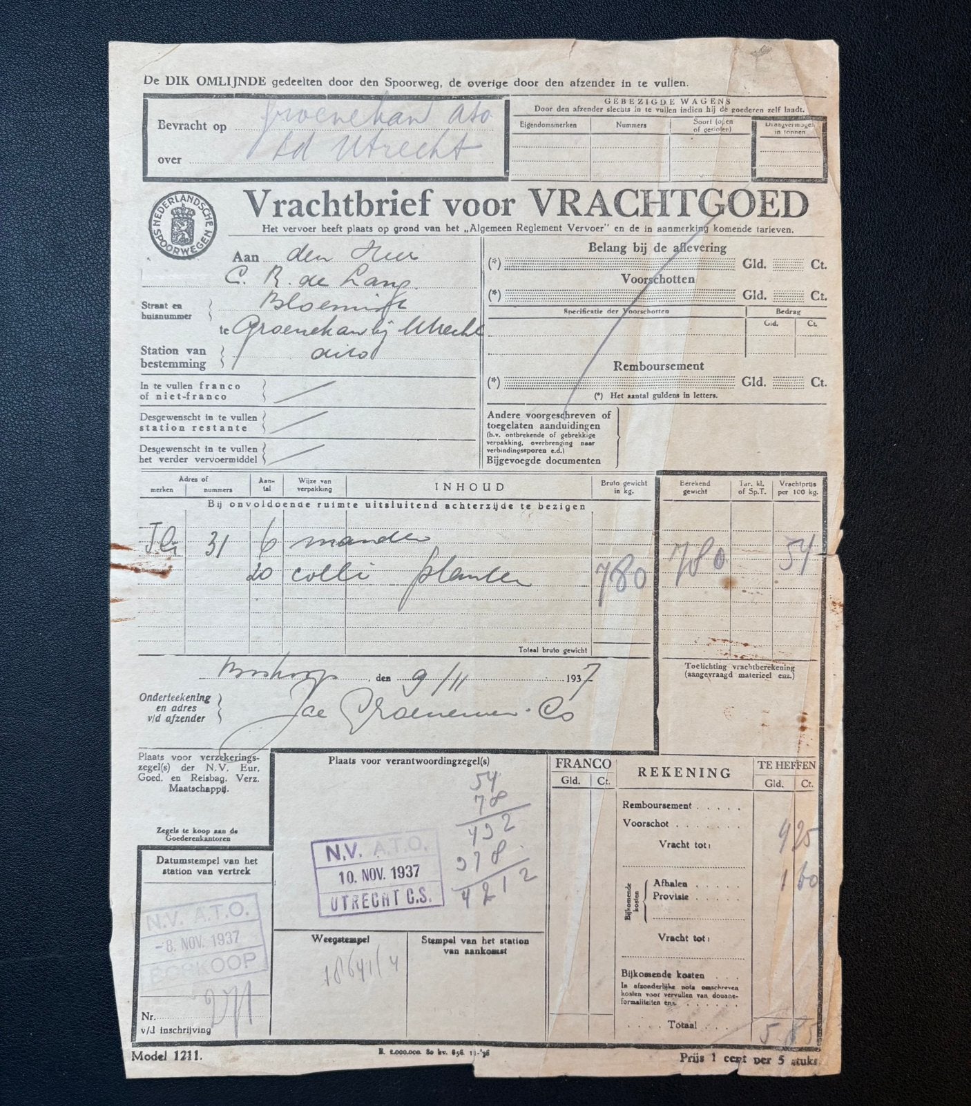 Vrachtbrief planten van Boskoop naar Groenekan (1937), Ophalen of Verzenden, Gebruikt, Trein