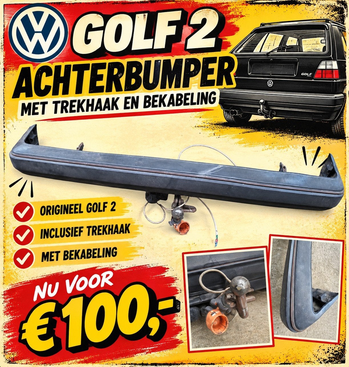 Aangeboden Golf 2 achterbumper met trekhaak en bekabeling., Auto-onderdelen, Ophalen of Verzenden, Gebruikt, Volkswagen