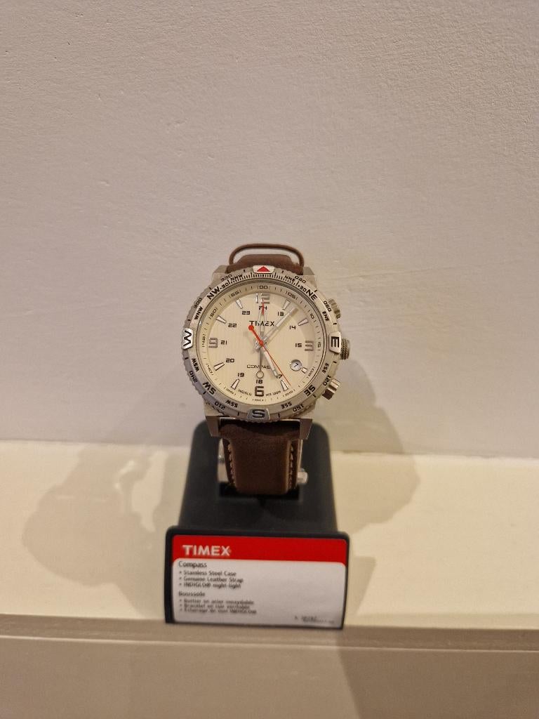 Timex iq compass horloge met leren band, Overige merken, Leer, Staal, Polshorloge