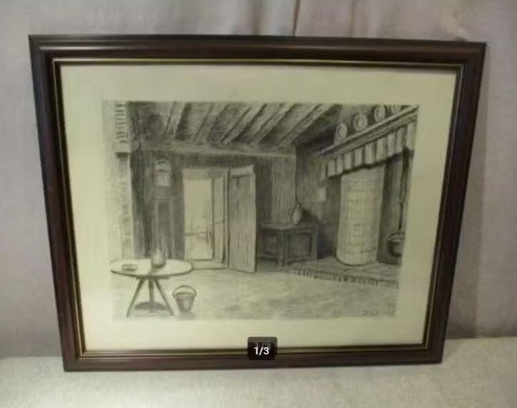 Mooie Tekening 'In de Huiskamer' - Delbaere, Antiek en Kunst, Ophalen of Verzenden, Tekening, Handgemaakt
