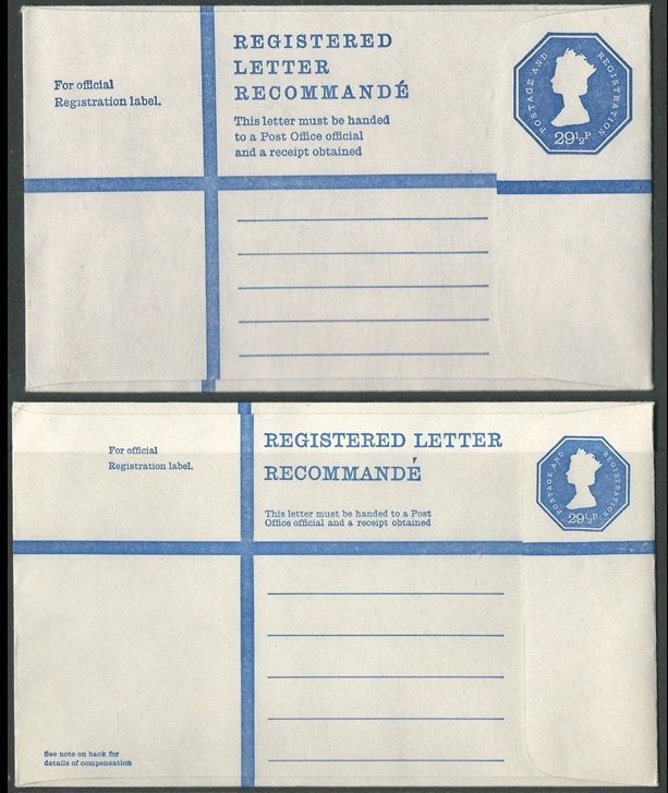 ENGELAND 1974 2x E.II. 29 1/2p. blue Registered Envelopes., Verzenden, Postfris