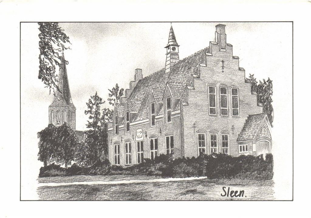 Sleen, gemeentehuis aan de Brink - tekening - ongelopen, Ophalen of Verzenden, 1960 tot 1980, Ongelopen, Drenthe