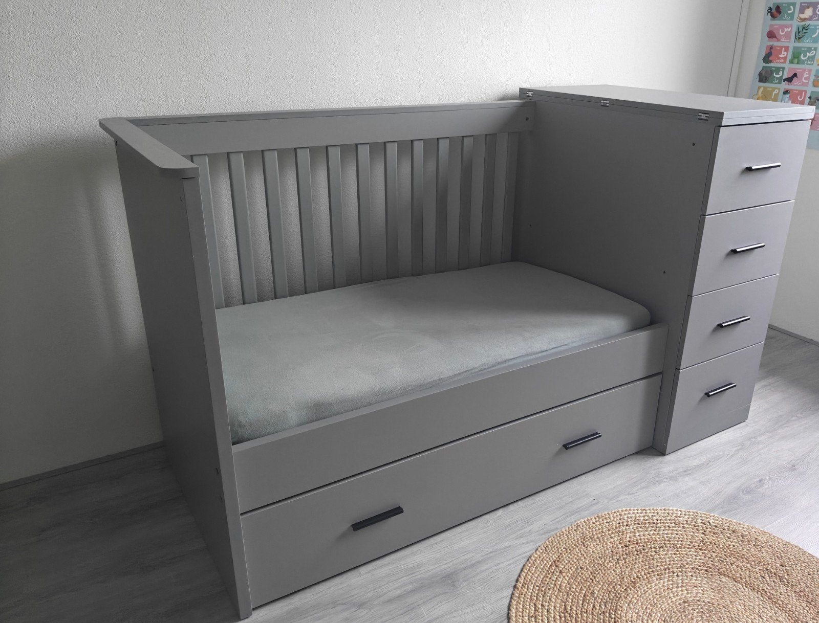 Cabino combi ledikant Memphis- Grijs, Lattenbodem, Gebruikt, 70 tot 85 cm, Ophalen of Verzenden