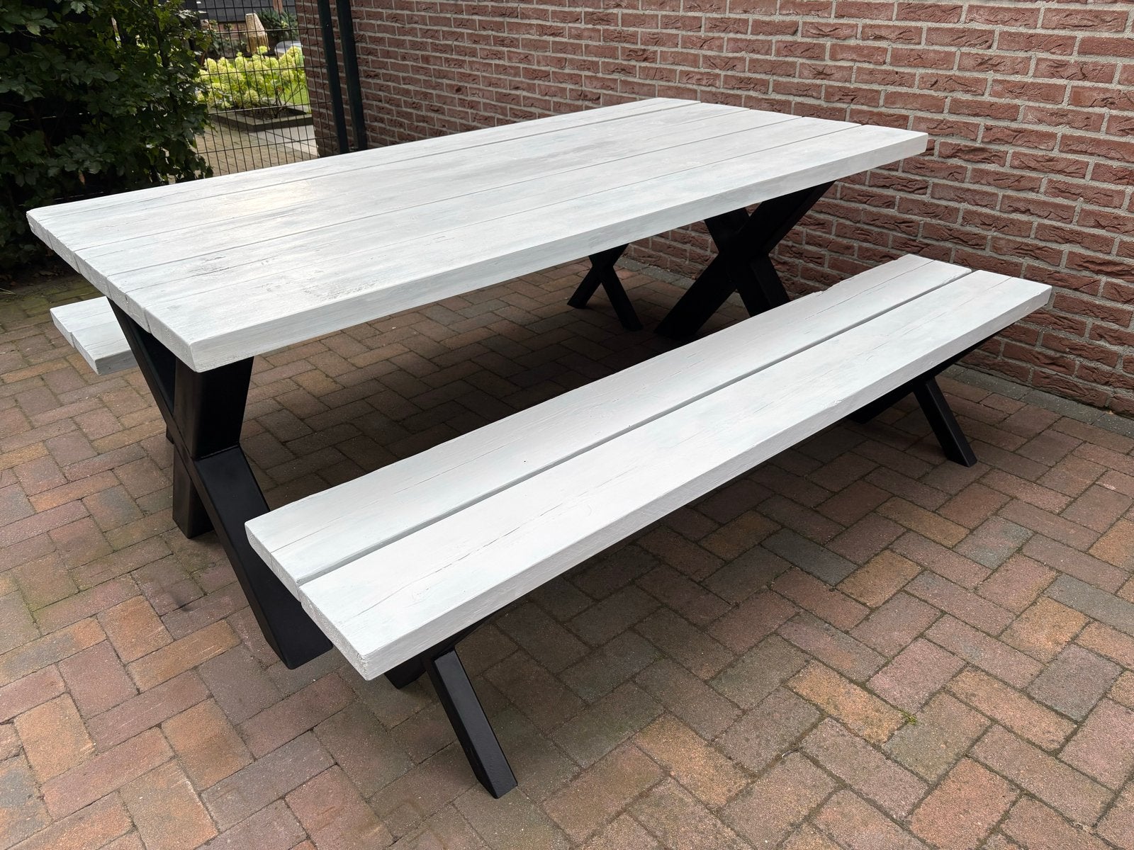 Steigerhouten tuinset met banken - Wit/Zwart, Ophalen, Gebruikt, 6 zitplaatsen, Steigerhout