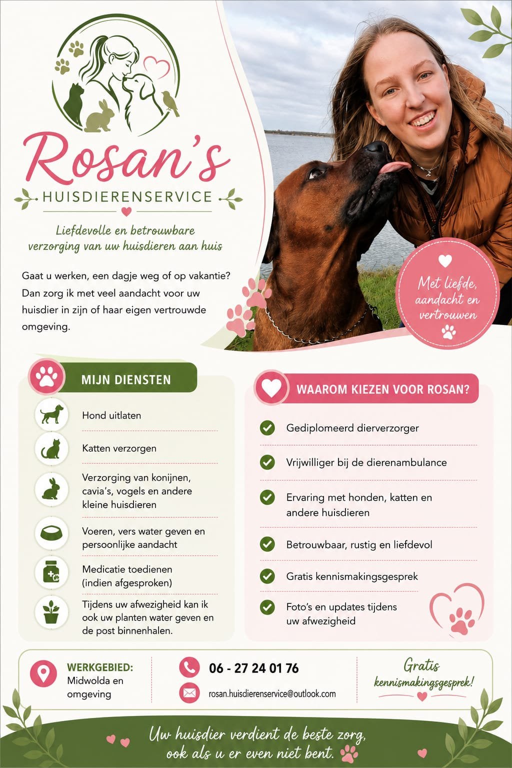 Dierenoppas aan huis – Rosan’s Huisdierenservice, Komt aan huis, Oppas