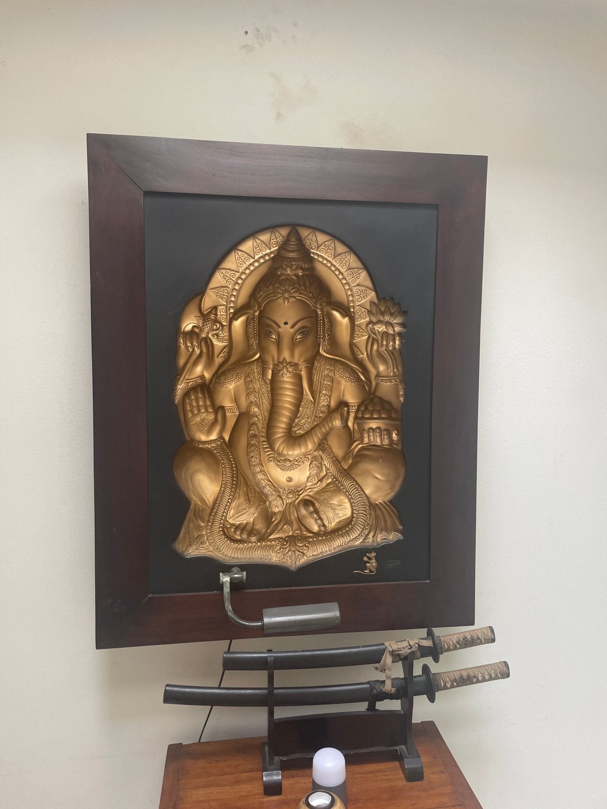 Ganesha wanddecoratie - Gouden reliëf in lijst, Handgemaakt, Wanddecoratie, Overige materialen, Goud