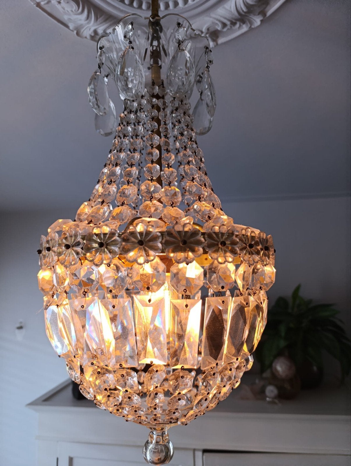 Vintage Franse kristallen zakkroonluchter lamp, Ophalen of Verzenden, Zo goed als nieuw, Overige materialen