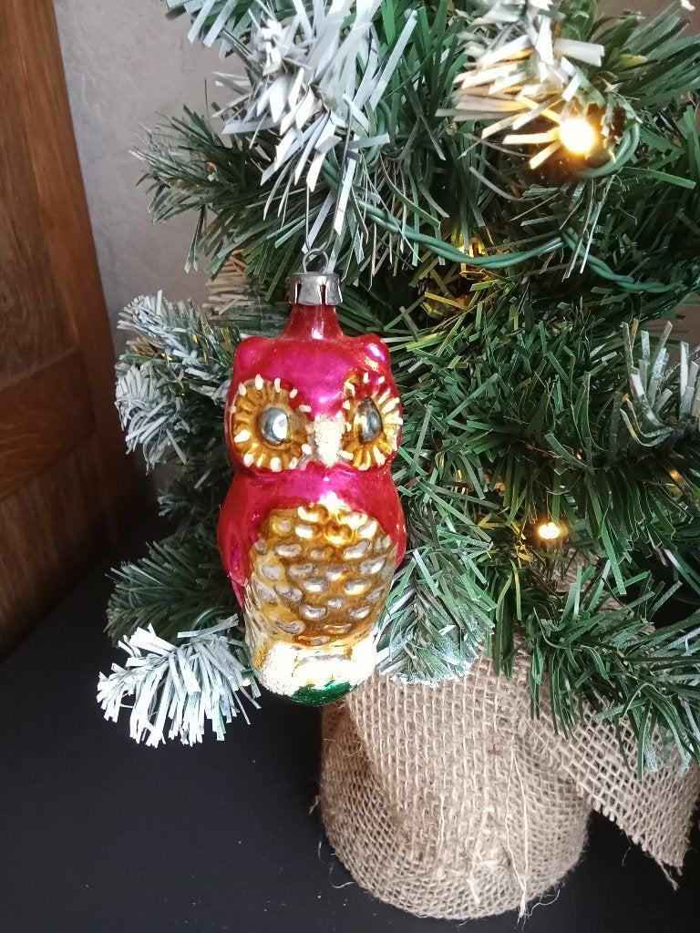 oude dun glazen kerstbal model uil in pink met gesuikerde, Ophalen of Verzenden, Gebruikt