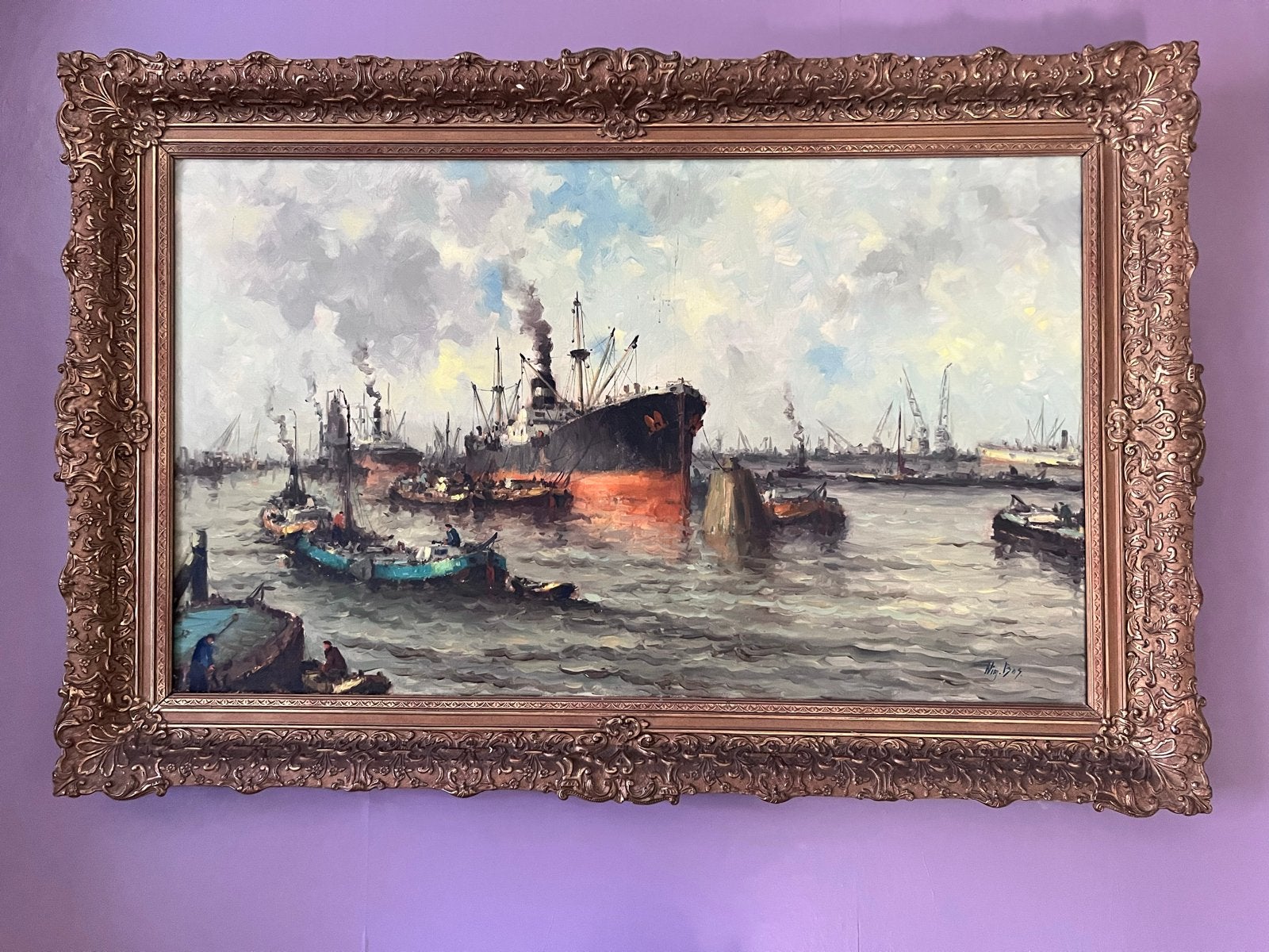 Wim Bos. Havengezicht, Antiek en Kunst, Kunst | Schilderijen | Klassiek, Maritiem / water, Doek, Realistisch, Bijzondere lijst