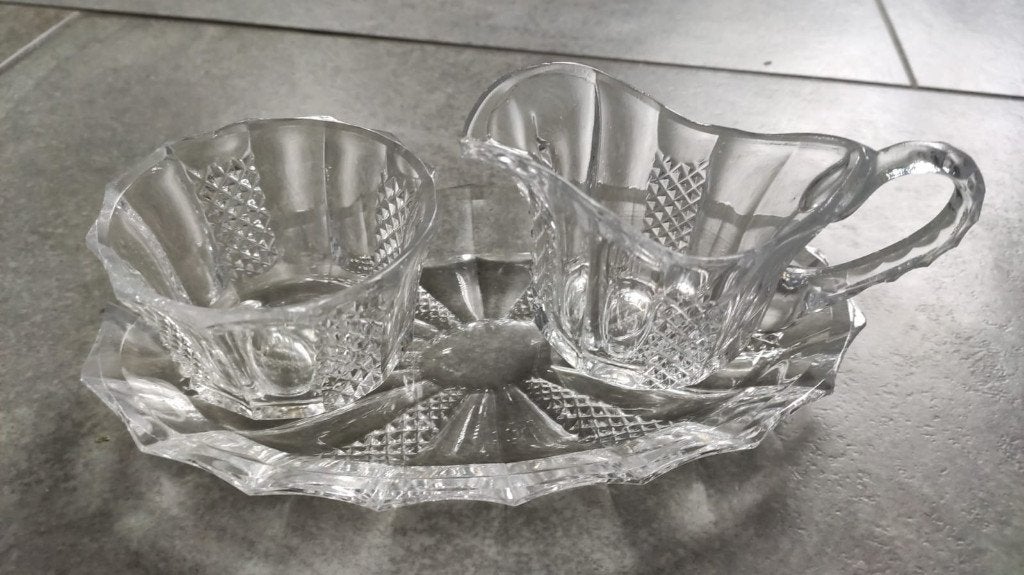 Glazen melk en suiker set, Antiek en Kunst, Ophalen of Verzenden
