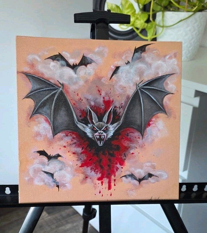 Handgeschilderd schilderij – Vleermuizen – 25x25 cm, Antiek en Kunst, Kunst | Schilderijen | Modern, Ophalen, Acrylverf, Gesigneerd