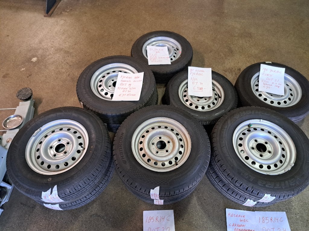 Caravan reservewielen 14 en 15 inch steek 5x112 et 30, Ophalen, Maxxis, Hankook, Gt radial