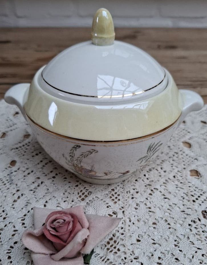 Vintage Franse pastel suikerpot, Aziatische afbeelding, GIEN, Ophalen of Verzenden