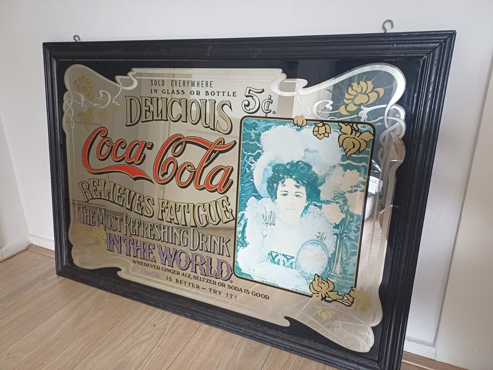 Vintage Coca-Cola spiegel - "Delicious Coca-Cola", Ophalen, Gebruikt, Rechthoekig, 75 tot 100 cm