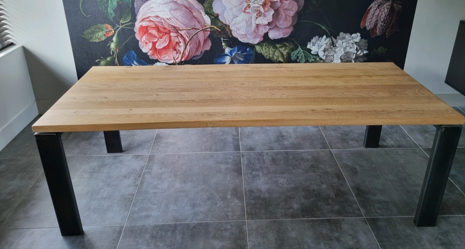 Eettafel massief eiken blad stalen poten 230x90, Ophalen, Eikenhout, 200 cm of meer, 50 tot 100 cm