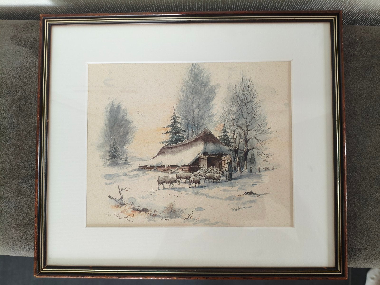 Vintage Kunstdruk Schaapskooi Winterlandschap Reinth Withaar, Ophalen of Verzenden, Reproductie, Print/reproductie, Ingelijst