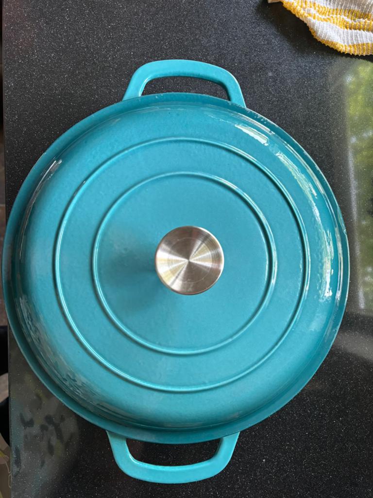 Gietijzeren Braadpan met Deksel - Turquoise, Ophalen of Verzenden, Zo goed als nieuw, Koekenpan of Braadpan, Gietijzer