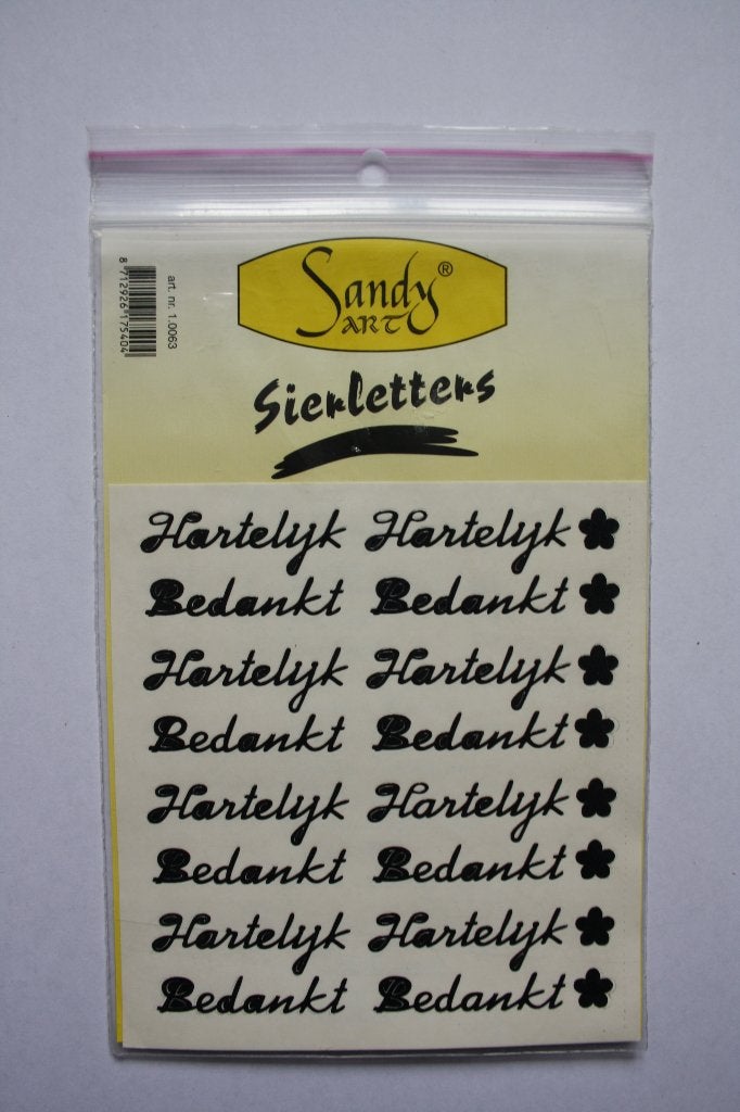 6 st. Sandy-art hartelijk bedankt sierstickers zwart 8510, Ophalen of Verzenden, Nieuw, Overige thema's, Overige typen