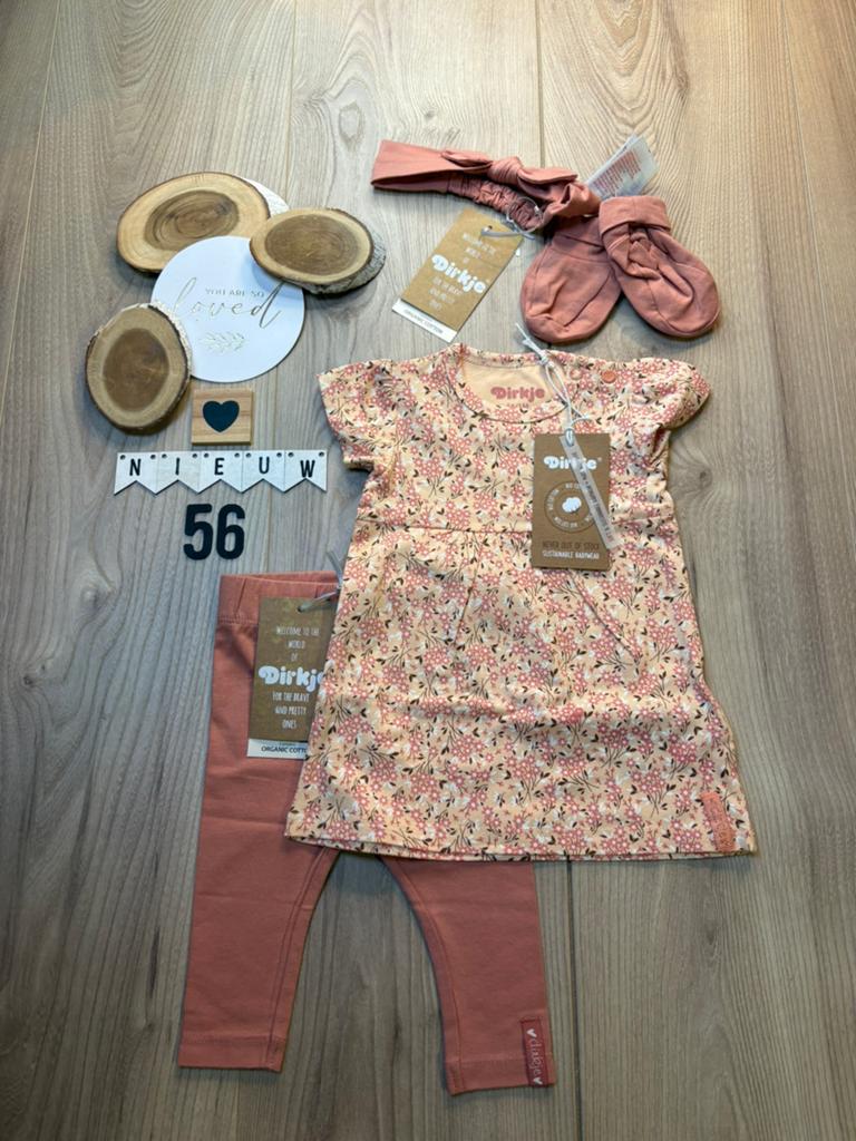 Baby meisje dirkje jurkje peach leggging haarband slofjes 56, Kinderen en Baby's, Ophalen of Verzenden, Nieuw, Meisje, Setje