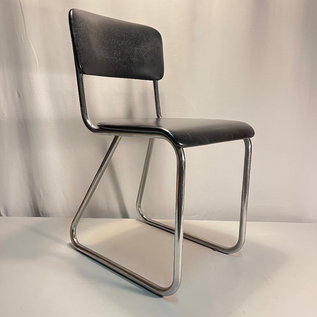 Mauser chroombuis stoel met skai bekleding Ahrend Gispen, Bauhaus, Zwart, Bigla, Mauser