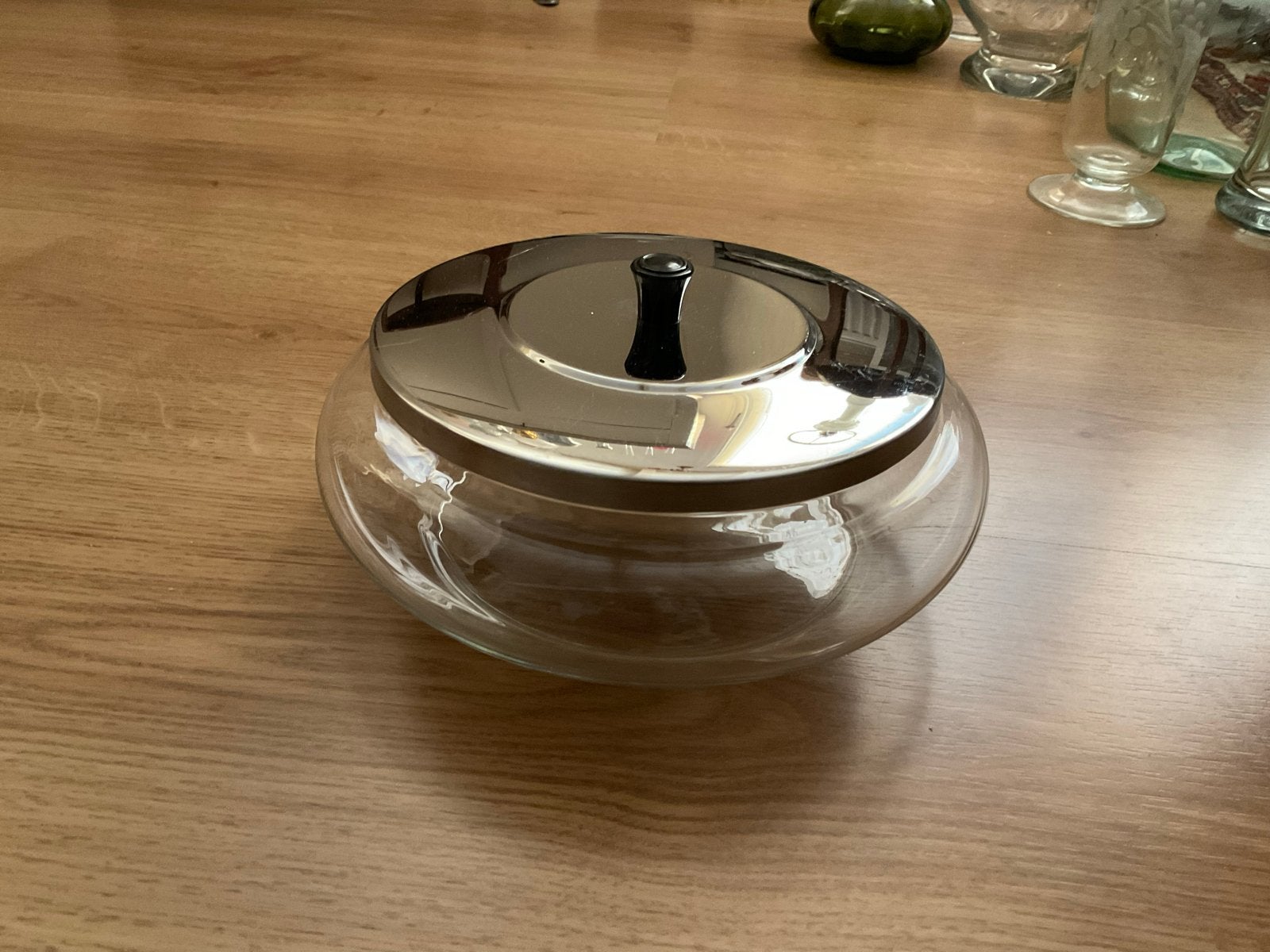 Vintage glazen koekschaal met vernikkeld deksel, Ophalen of Verzenden
