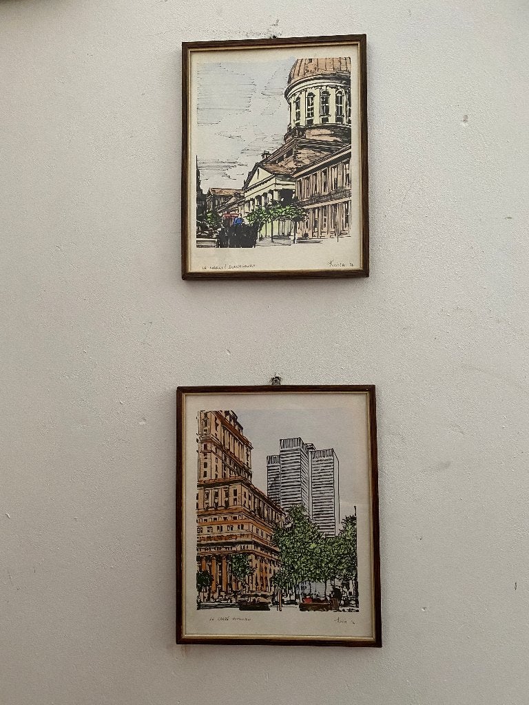 SALE: set vintage schilderijtjes, jaren 70 prenten in lijst