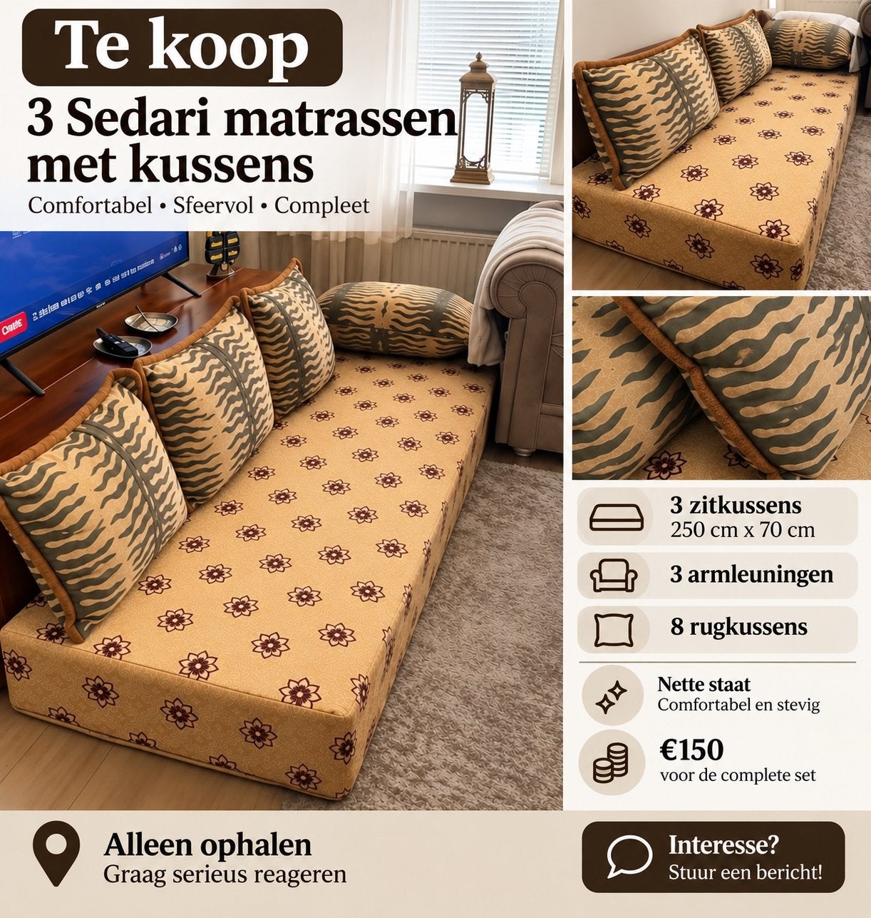 3 Sedari matrassen met kussens - Comfortabel & Sfeervol, Huis en Inrichting, Ophalen, Overige maten, 150 tot 200 cm, 75 tot 100 cm
