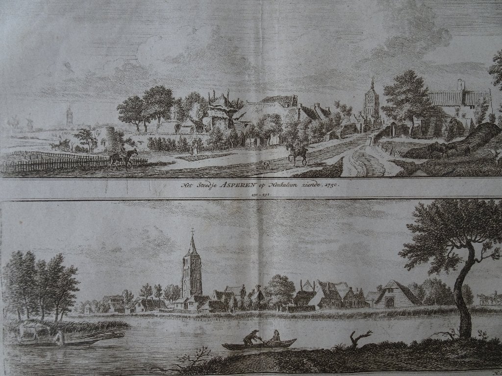 gravures stadjes Asperen Heukelum langs Linge Spilman 1754, Stadsgezicht, Ophalen of Verzenden, Gravure, Origineel