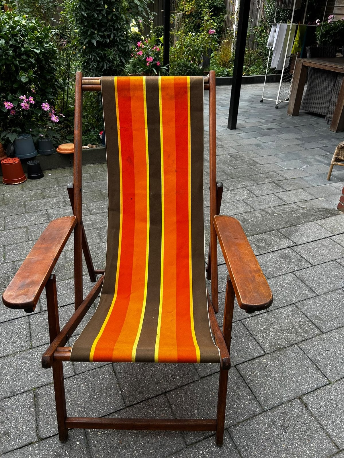 Vintage inklapbare strandstoel met houten frame, Ophalen, Gebruikt, Hout, Inklapbaar