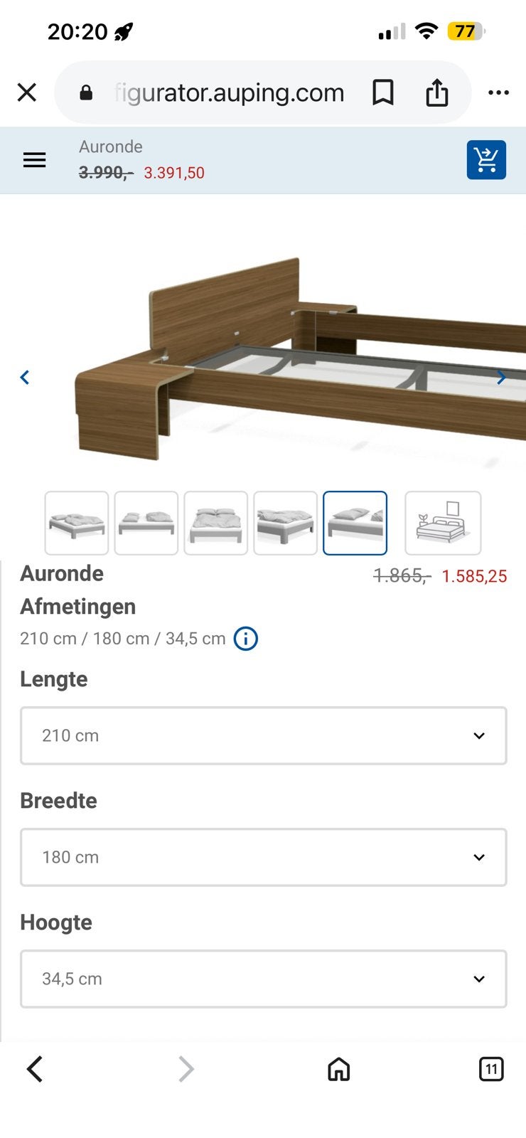 Auping bed, Ophalen, Bruin, 210 cm, Tweepersoons