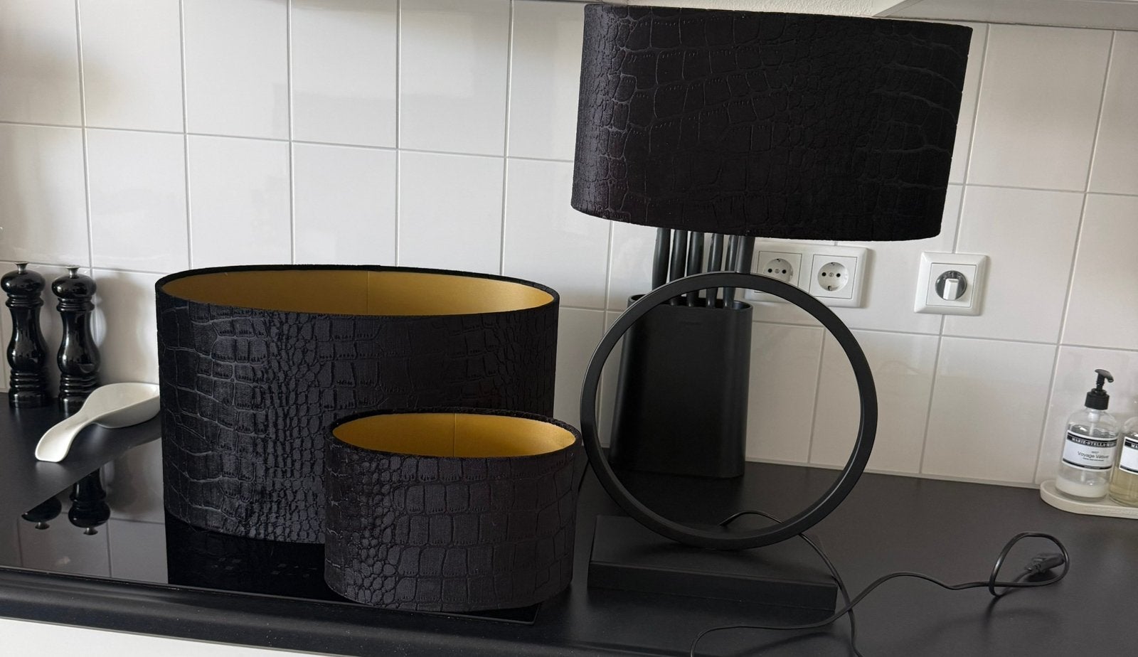 Mooie velvet croco lampen kap set, Huis en Inrichting, Ophalen of Verzenden, Zo goed als nieuw, Rond